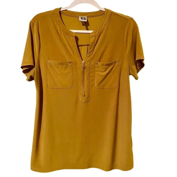 Anne Klein Mustard Short Sleeve Blouse Top - Picture 2 of 8